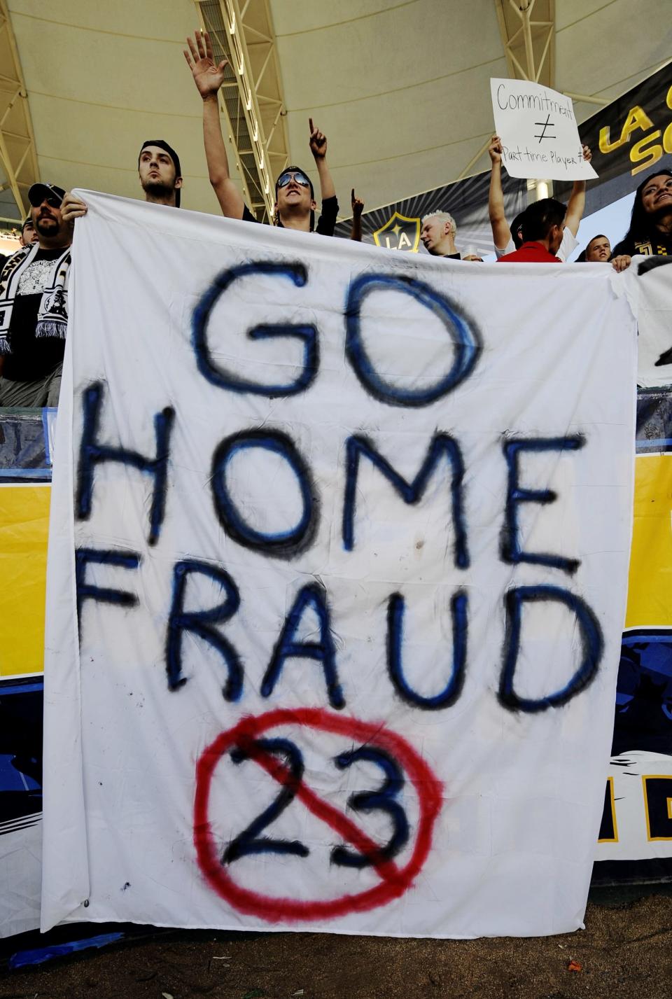 CARSON, CA - JULY 19: Los Angeles Galaxy supporters hold up signs for David Beckham #23 before the MLS match against AC Milan at The Home Depot Center on July 19, 2009 in Carson, California. (Photo by Kevork Djansezian/Getty Images)