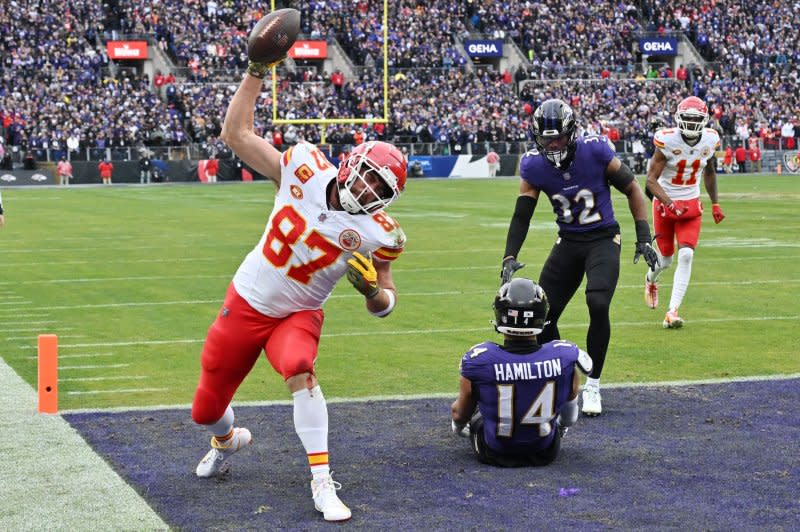 Kansas City Chiefs tight end Travis Kelce (L) totaled 11 catches for 116 yards and a touchdown in a win over the Baltimore Ravens in the AFC Championship game Jan. 28 in Baltimore. File Photo by David Tulis/UPI