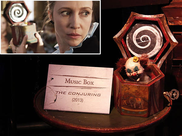 The music box from the 'The Conjuring’ is on display next to pal Annabelle. The sequel is currently filming across the lot – last month director James Wan confirmed the production had an actual exorcist bless the set before filming began.