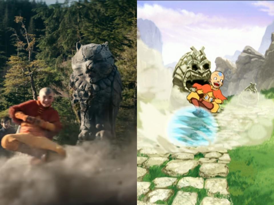 left: aang riding on an air scooter in the "avatar" live action, smiling in front of a statue; right: animated aang doing the same thing in the cartoon opening sequence