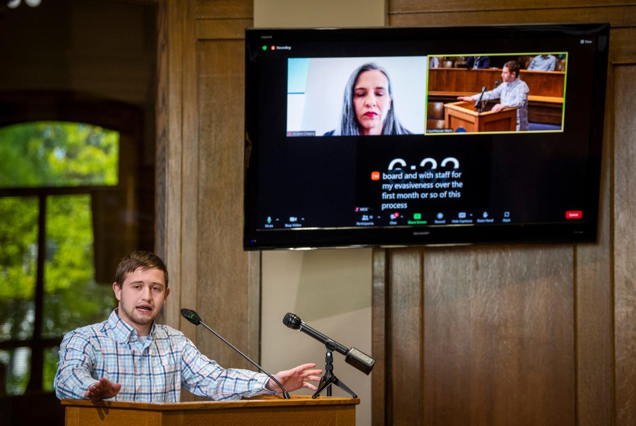 David Wolfe Bender answers questions from the Monroe County Election Board regarding the dispute over his candidacy for the City Council District 6 seat at the Monroe County Courthouse on Thursday, May 18, 2023.