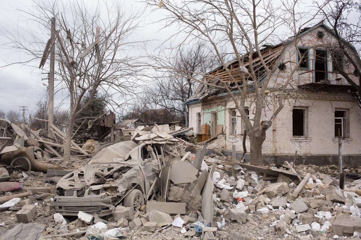 A view of the residential houses which were destroyed by shelling on March 5, 2022, in Markhalivka, Ukraine.