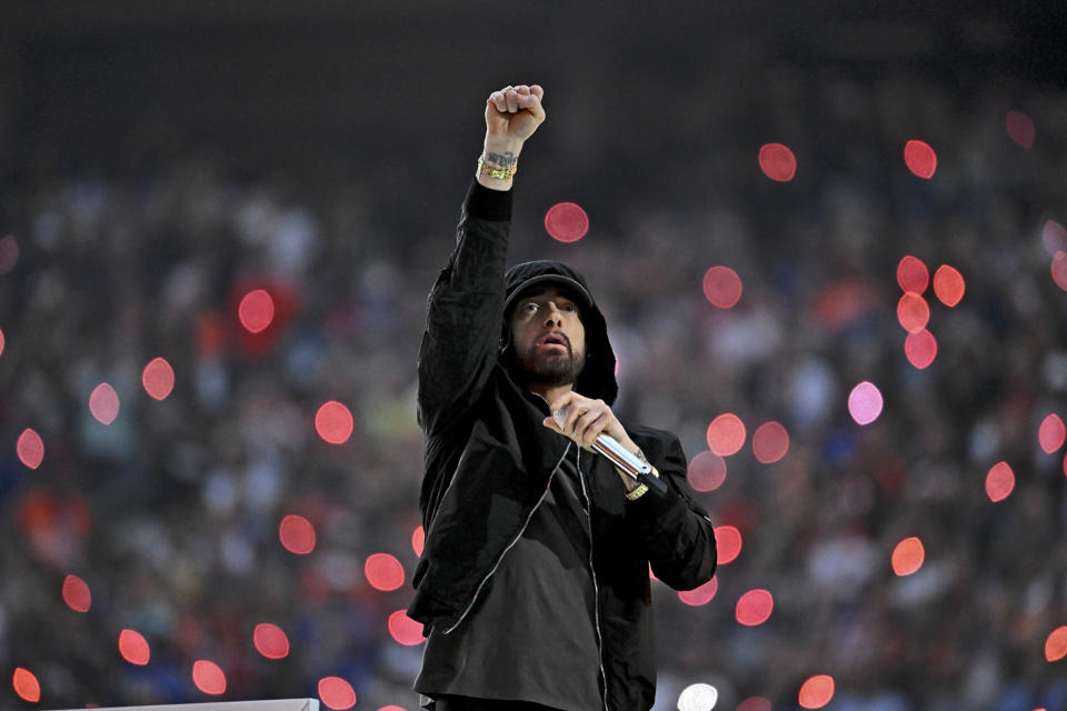 Eminem performs during halftime at the Super Bowl in 2022.  (Wally Skalij / Los Angeles Times via Getty Images)