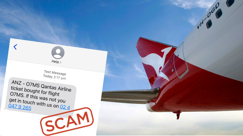 A composite image of the Qantas scam text and the logo on a Qantas plane.