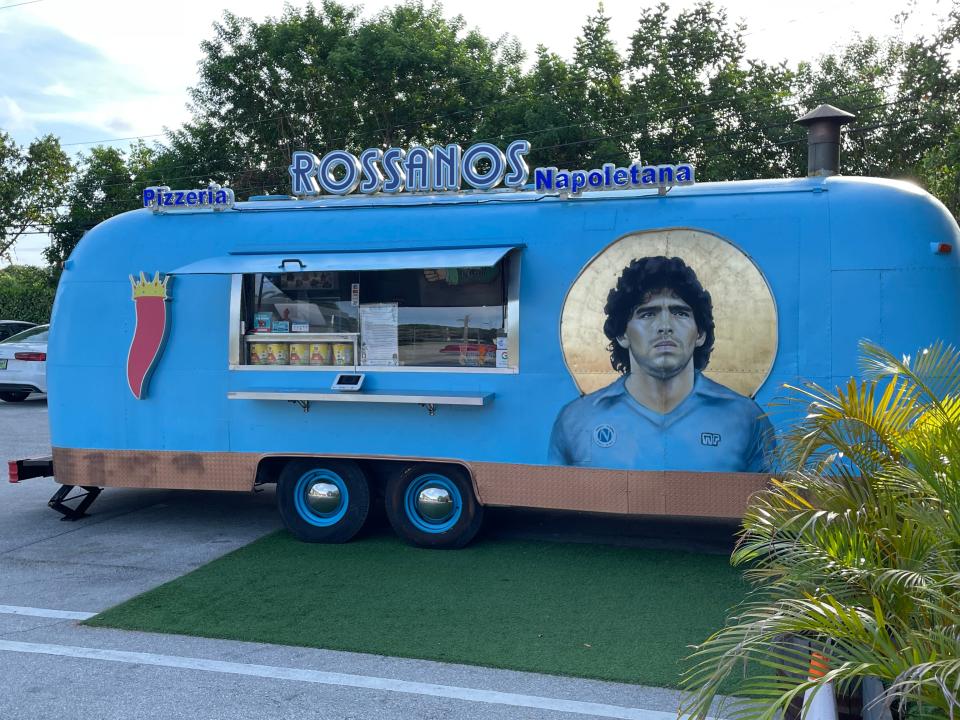 Rossanos Pizza operates out of a converted 26-foot Airstream trailer. The image of legendary Argentinian soccer player Diego Maradona was done by artist Maximiliano Bagnasco. Bagnasco recently completed a massive mural of Lionel Messi in the Wynwood District in Miami. The world famous player now plays for Inter Miami CF.