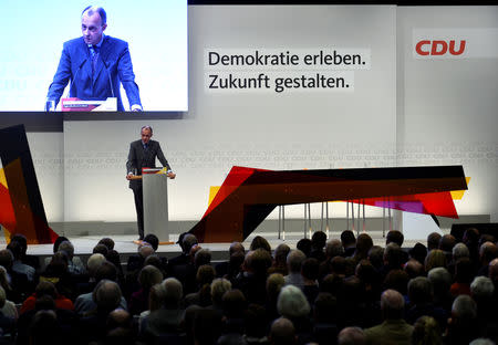 Christian Democratic Union (CDU) candidate Friedrich Merz speaks at a regional conference in Luebeck, Germany, November 15, 2018. REUTERS/Fabian Bimmer