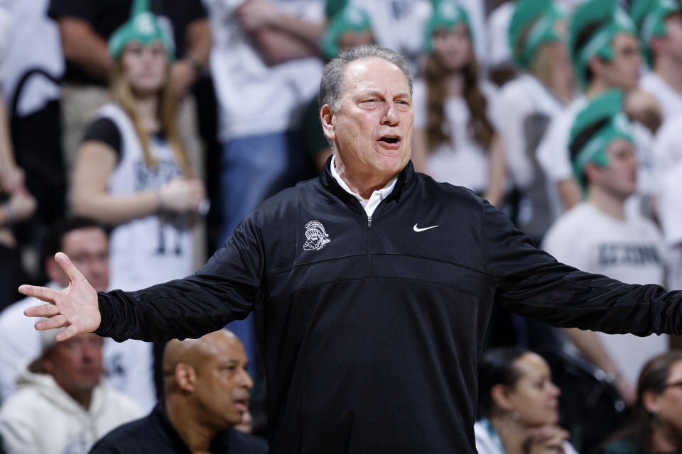 Michigan State coach Tom Izzo reacts during the first half of an NCAA college basketball game against Michigan, Tuesday, Jan. 30, 2024, in East Lansing, Mich. (AP Photo/Al Goldis)