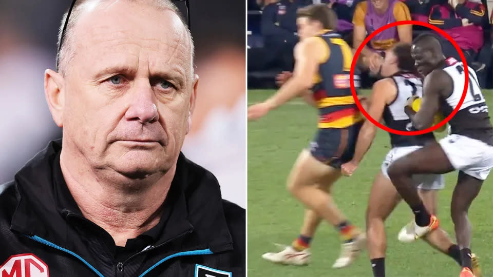 Pictured right is Port Adelaide coach Ken Hinkley and Aliir Aliir clashing heads with teammate Lachie Jones on the right.