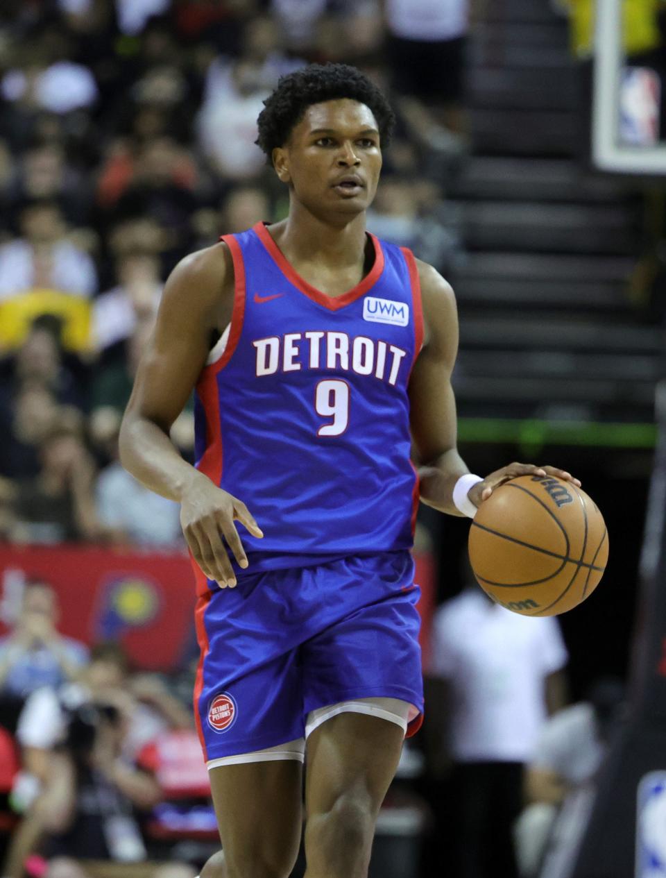 Pistons forward Ausar Thompson brings the ball up the court in the second half of the 133-101 loss to the Rockets in the NBA Summer League on Sunday, July 9, 2023, in Las Vegas.
