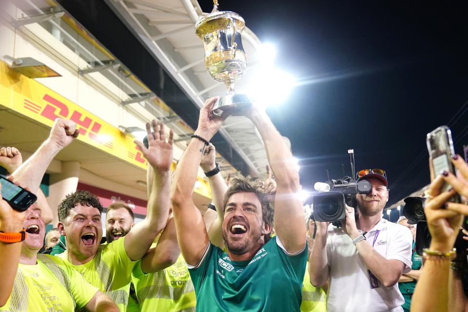 Fernando Alonso celebrates his podium finish at the Bahrain Grand Prix (David Davies/PA) (PA Wire)