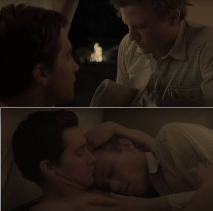 Jake Gyllenhaal and Heath Ledger getting intimate in "Brokeback Mountain"