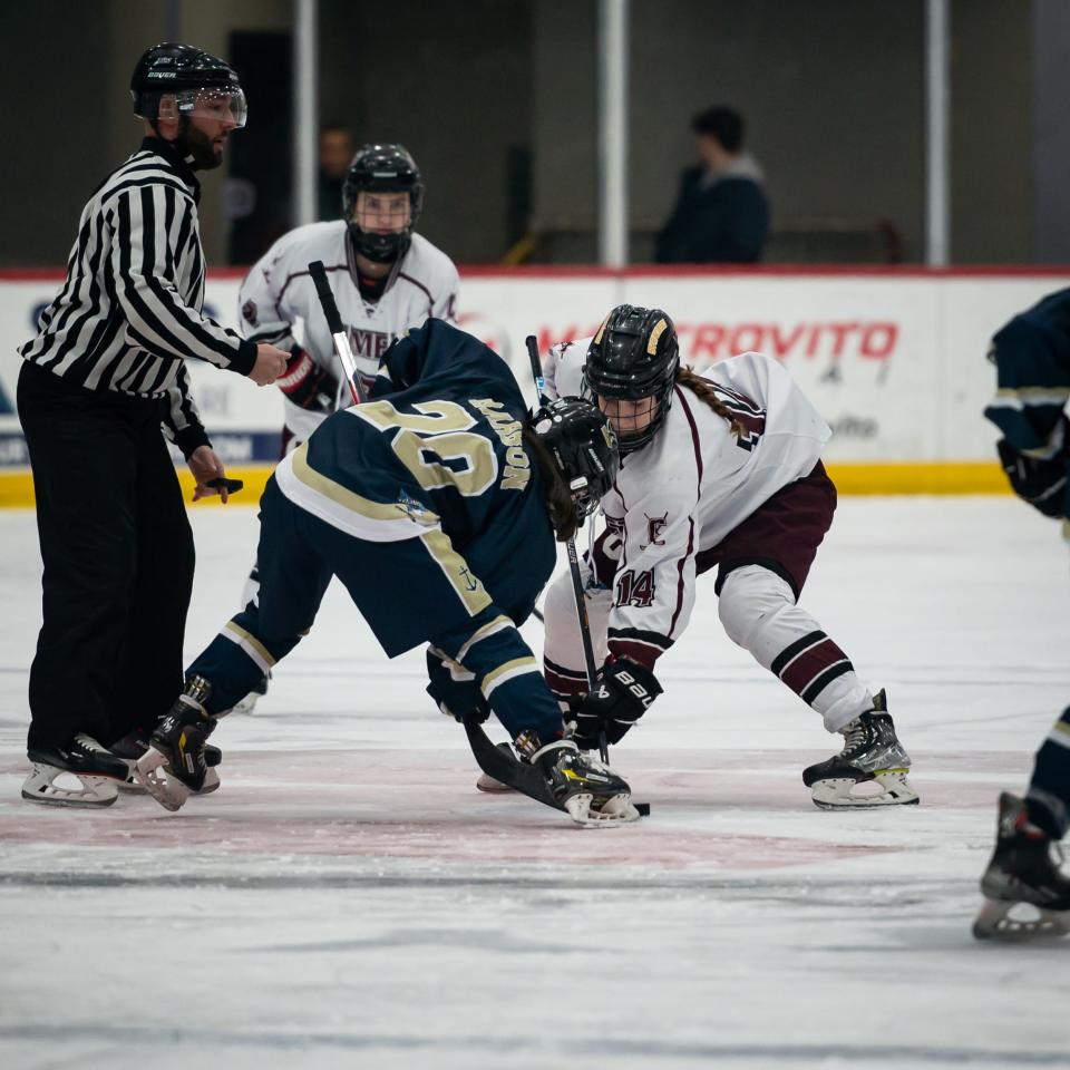 Makayla Barron, of Skaneateles, and Katherine Elbrecht, of Clinton High School, face off in this O-D file photo from the Section III Class A grls ice hockey semifinal at the Nexus Center in Utica on Jan. 31, 2024. Clinton High School hosts Oneida County's only girls' varsity ice hockey team with players from eight districts playing this past season.