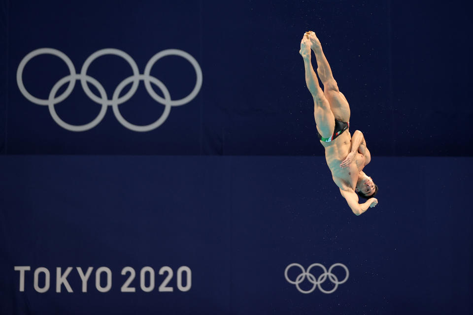 <p>Rommel Pacheco Marrufo of Team Mexico competes in the Men's 3m Springboard Preliminary Round on day ten of the Tokyo 2020 Olympic Games at Tokyo Aquatics Centre on August 02, 2021 in Tokyo, Japan. (Photo by Maddie Meyer/Getty Images)</p> 