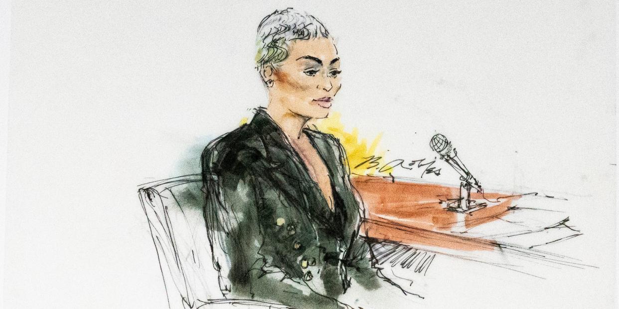 A courtroom artist sketch of Blac Chyna on the witness stand in Los Angeles.