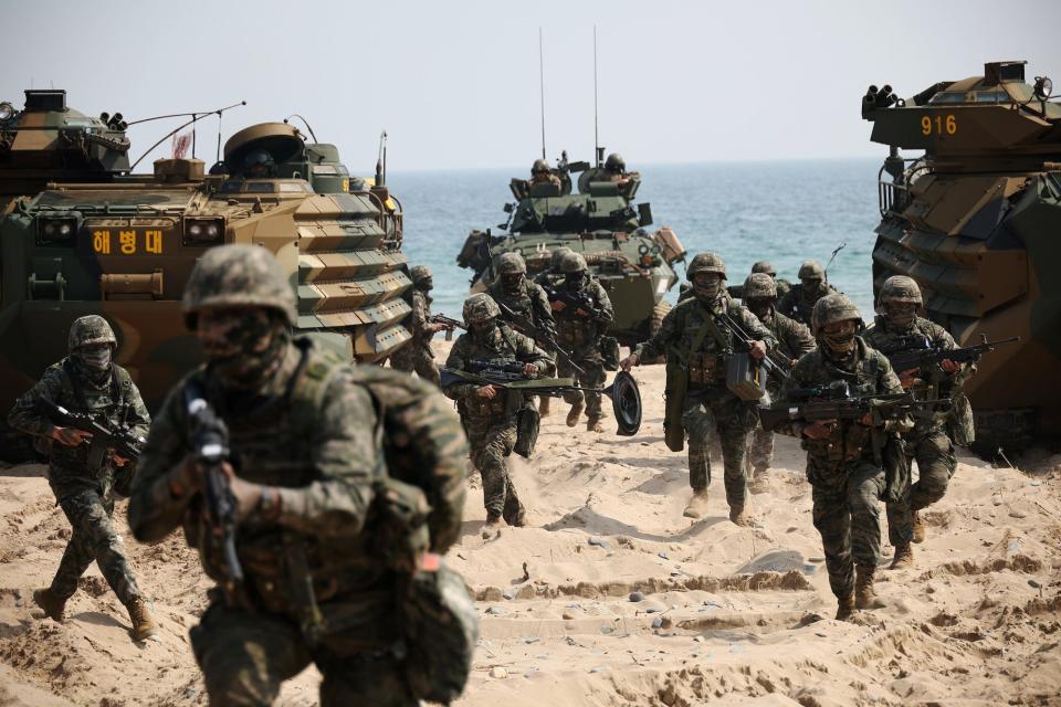 U.S. and South Korea's marines take part in an amphibious landing drill called the 'Ssangyong' exercise, in Pohang, South Korea in March 2023.