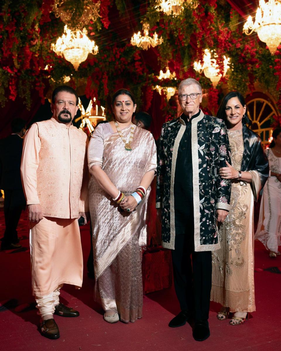 This photograph released by the Reliance group shows R to L Paula Hurd, Bill Gates, Indian Minister of Women and Child Development Smriti Irani and her husband Zubin Irani at a pre-wedding bash of Mukesh Ambani’s son Anant Ambani in Jamnagar, India, Saturday, 02 March 2024 (AP)