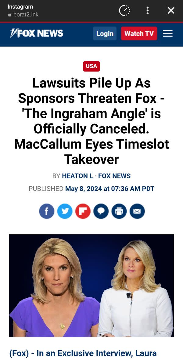 A rumor claimed Fox News canceled Laura Ingraham's TV show The Ingraham Angle following lawsuit threats from sponsors.