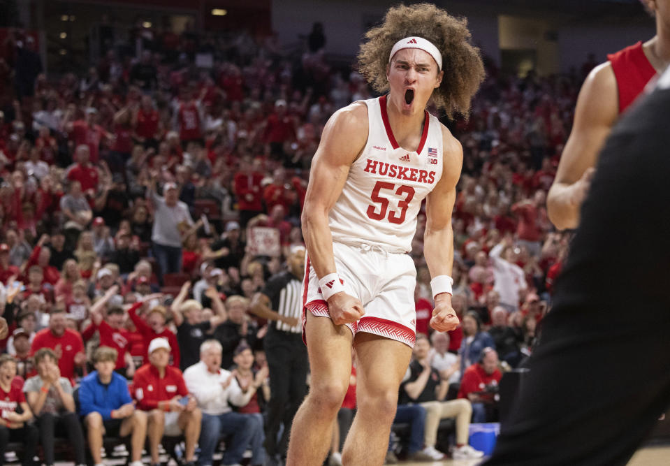 Nebraska's Josiah Allick celebrates after dunking against Rutgers during the first half of an NCAA college basketball game, Sunday, March 3, 2024, in Lincoln, Neb. (AP Photo/Rebecca S. Gratz)