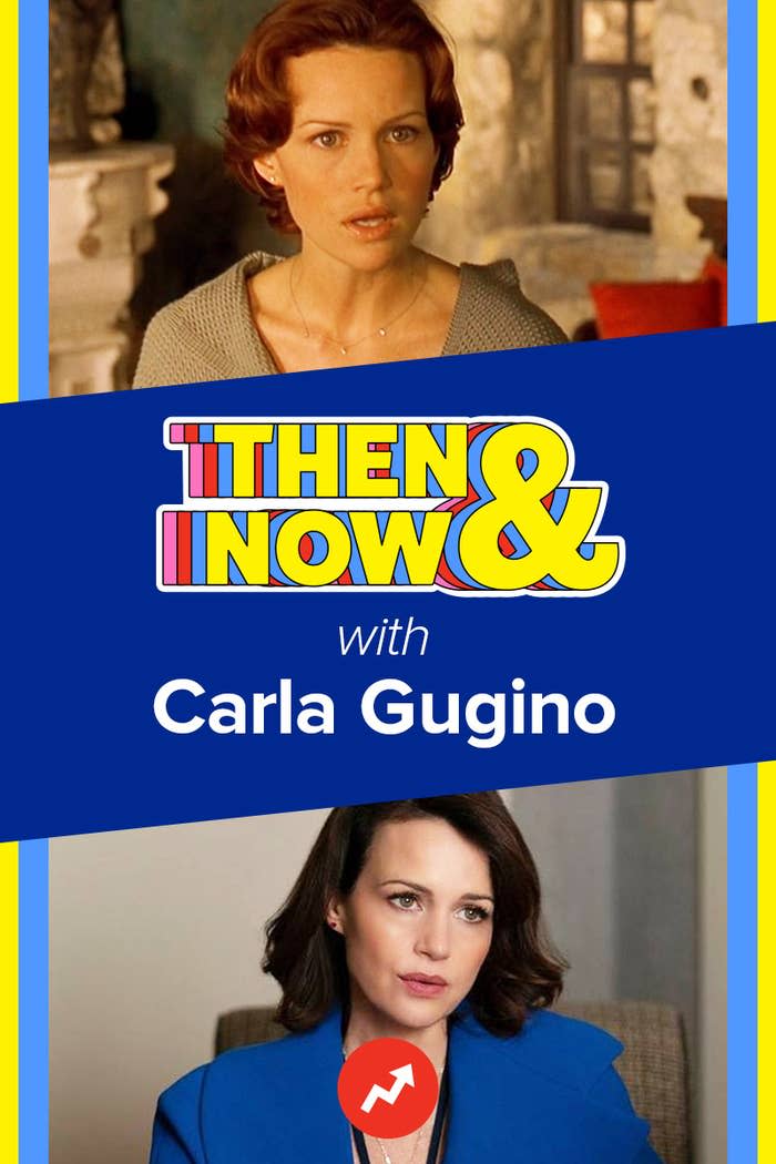 Carla Gugino featured in a split 'Then & Now' graphic, top image from Spy Kids and the bottom from The Girls on the Bus