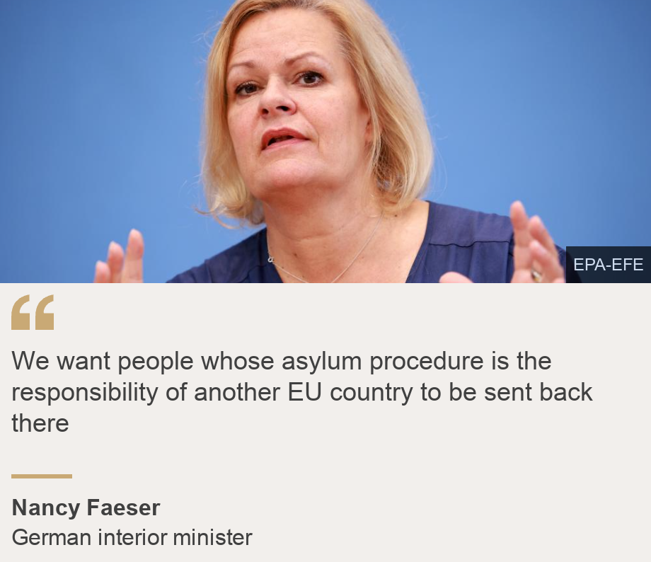 "We want people whose asylum procedure is the responsibility of another EU country to be sent back there", Source: Nancy Faeser, Source description: German interior minister, Image: Nancy Faeser