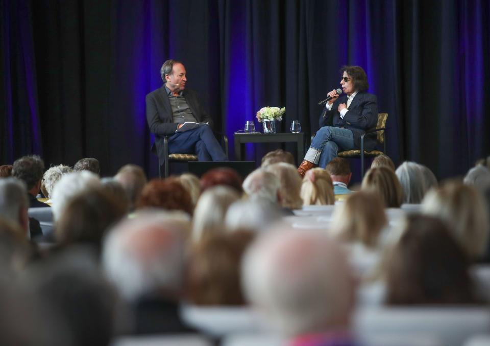 Fran Lebowitz and Jeffrey Brown have a discussion at the Rancho Mirage Writers Festival at the Rancho Mirage Public Library, February 3, 2023.  