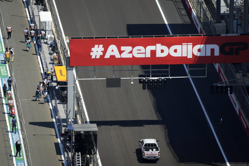 A view of the Baku circuit, in Baku, Azerbaijan, Thursday, April 27, 2022. The Formula One Grand Prix will be held on Sunday April 30, 2023. (AP Photo/Sergei Grits)