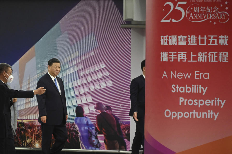 China's President Xi Jinping arrives for the upcoming handover anniversary by train in Hong Kong, Thursday, June 30, 2022. Xi has arrived in Hong Kong ahead of the 25th anniversary of the British handover and after a two-year transformation bringing the city more tightly under Communist Party control. It is Xi’s first trip outside of mainland China in nearly 2 ½ years. (Selim Chtayti/Pool Photo via AP)