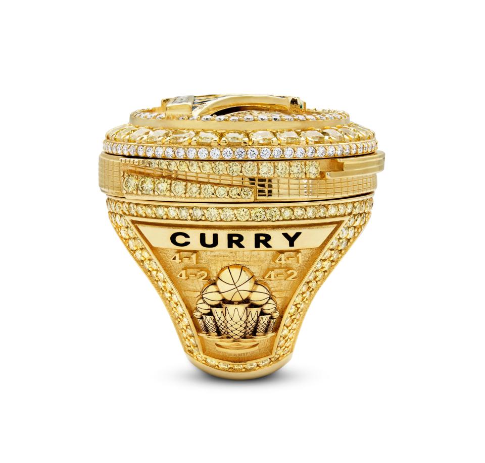 One side of the Warriors' 2022 NBA championship rings.