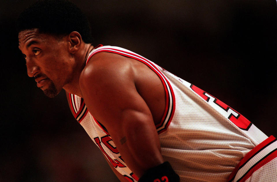 Scottie Pippen of the Chicago Bulls during a game on Feb. 15, 1998. (John Lee/Chicago Tribune/Tribune News Service via Getty Images)