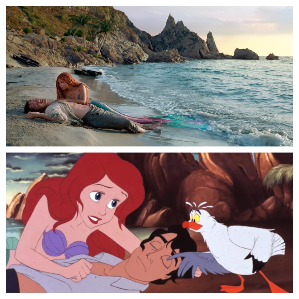 Ariel saves Prince Eric in the original 1989 animated classic (bottom) and the 2023 remake starring Halle Bailey and Jonah Hauer-King (top).