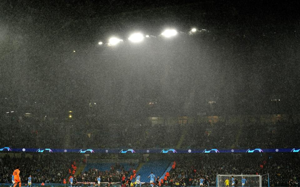 A general view of the match played in heavy rain during the UEFA Champions League Group E match at the Etihad Stadium, Manchester.  Picture date: Wednesday November 2, 2022 - Martin Rickett/PA Wire