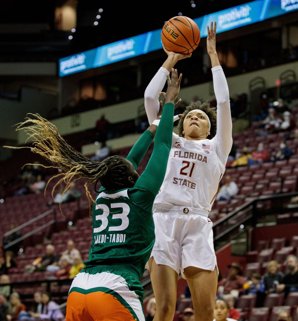 Florida State Seminoles forward Makayla Timpson (21) shoots for tow. The Florida State Seminoles hosted the Miami Hurricanes for a women's basketball game at the Tucker Civic Center on Thursday, Jan. 20, 2022.