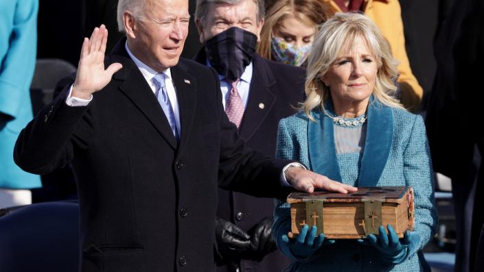 Joe Biden is sworn in as U.S. President as his wife Dr. Jill Biden looks on during his inauguration on the West Front of the U.S. Capitol on January 20, 2021 in Washington, DC