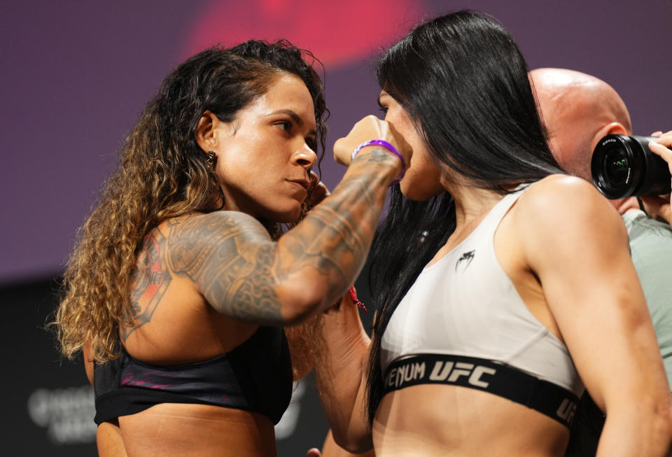 VANCOUVER, BRITISH COLUMBIA – JUNE 09: (L-R) Opponents Amanda Nunes of Brazil and Irene Aldana of Mexico face off during the UFC 289 ceremonial weigh-ins at Rogers Arena on June 09, 2023 in Vancouver, British Columbia .  (Photo by Cooper Neill/Zuffa LLC via Getty Images)