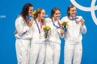 <p>Biography: Schmitt is 31, Madden is 23, McLaughlin and Ledecky are 24 </p> <p>Event: Women's 4x200m freestyle relay (swimming)</p> <p>Quote: Ledecky: "It's hard to put into words. Making the Olympics is hard and to win an Olympic medal is even harder … I can't put it into words."</p>