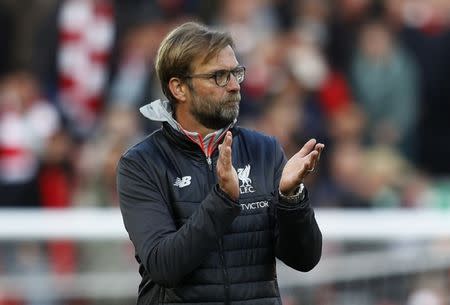 Britain Football Soccer - Liverpool v Crystal Palace - Premier League - Anfield - 23/4/17 Liverpool manager Juergen Klopp applauds fans after the match Reuters / Phil Noble Livepic