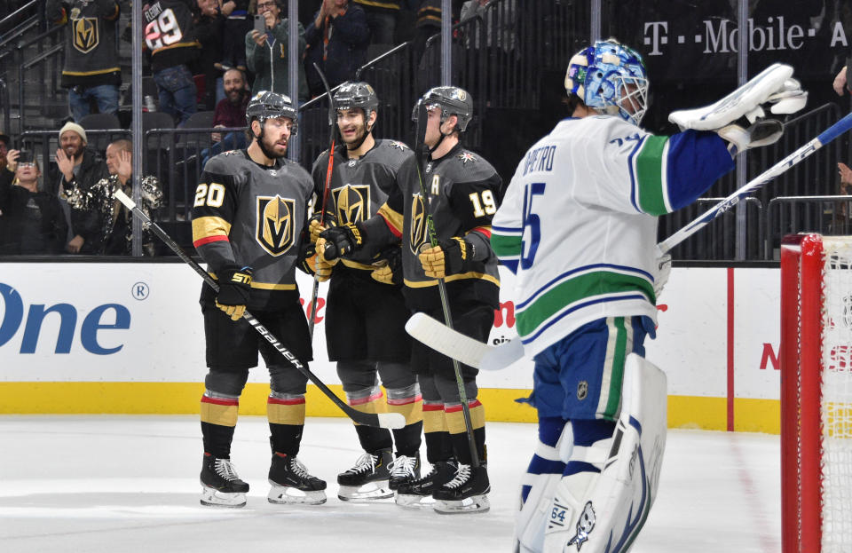 LAS VEGAS, NEVADA - DECEMBER 15: Max Pacioretty #67 of the Vegas Golden Knights celebrates after scoring a goal during the third period against the Vancouver Canucks at T-Mobile Arena on December 15, 2019 in Las Vegas, Nevada. (Photo by David Becker/NHLI via Getty Images)