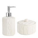 <b>‘Knitted’ lidded pot and soap dispenser - £4 each - <a href=" http://bit.ly/11imWu2" rel="nofollow noopener" target="_blank" data-ylk="slk:Matalan;elm:context_link;itc:0;sec:content-canvas" class="link ">Matalan</a></b> <br><br> The chunky-knit look has found its way onto all kind of homewares this season, including ceramics. Cosy up your bathroom with Matalan’s range of knit-print bathroom accessories, including tumbler, lidded pot, soap dispenser – even a toilet brush holder.