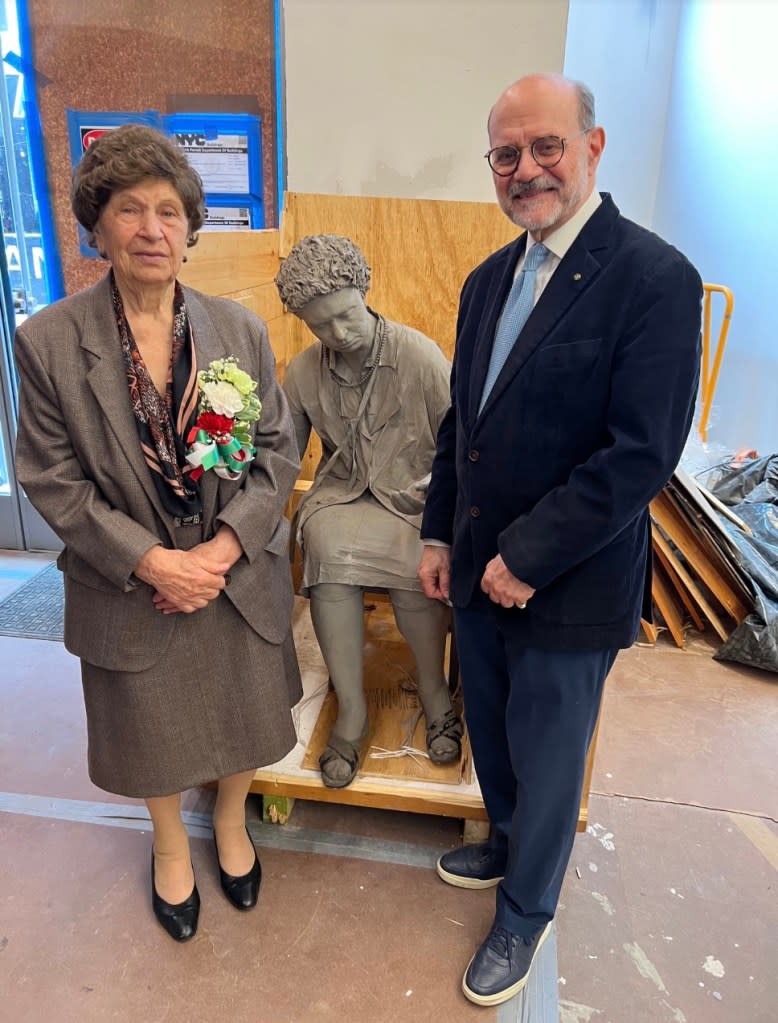 The statue of Maria Pulsone, seen with Dr. Joseph V. Scelsa, the founder and president of the Italian American Museum, stood in the Garment District for nearly four decades. IAM