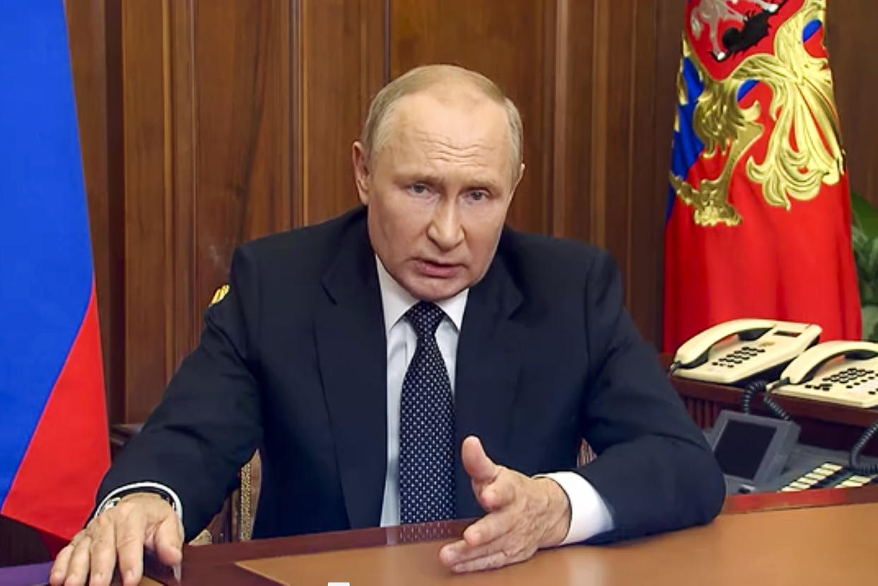 In this image made from video released by the Russian Presidential Press Service, Russian President Vladimir Putin addresses the nation in Moscow, Russia, Wednesday, Sept. 21, 2022. (Russian Presidential Press Service via AP)