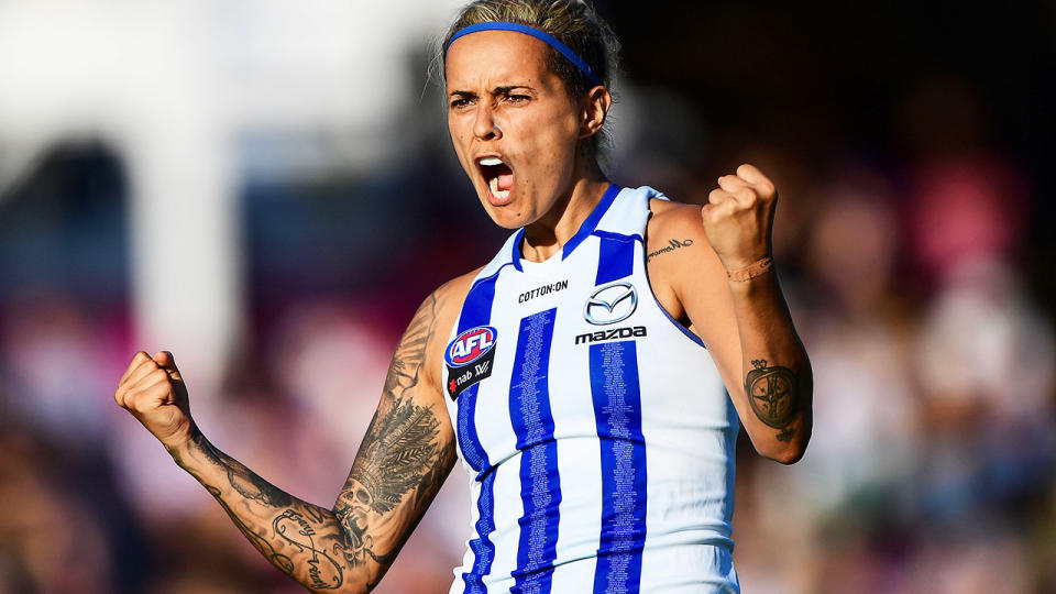 Moana Hope, pictured here celebrating a goal for North Melbourne in 2019.