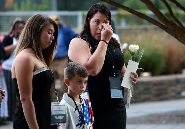 ARLINGTON, VIRGINIA - SEPTEMBER 11: Family members of victims attend a ceremony observing the 9/11 terrorist attacks at the Pentagon on September 11, 2023 in Arlington, Virginia. The Defense Department held a remembrance ceremony for the 184 lives lost in the 2001 terrorist attack on the Pentagon. Today marks the 22nd anniversary of September 11, 2001 terrorist attacks at the World Trade Center, the Pentagon and Shanksville, Pennsylvania. (Photo by Win McNamee/Getty Images)