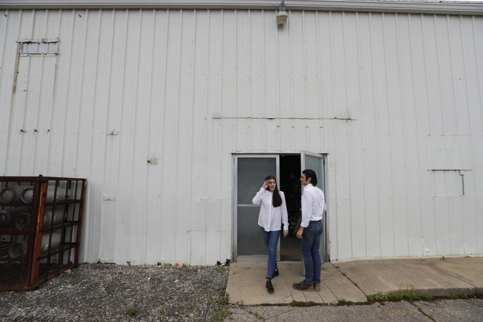 Mary Rose Maher and her fiance, William Chundrlik, visit a former Opus Bono Sacerdotii location in Dryden, Mich., Wednesday, June 5, 2019. Opus Bono’s finances came under scrutiny after authorities were contacted by a once-loyal employee - Mary Rose, the daughter of co-founder Joe Maher - who began questioning the way money was spent. (AP Photo/Paul Sancya)