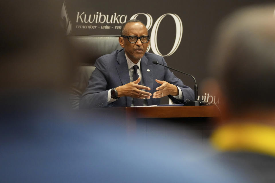 Rwanda's President Paul Kagame gives a press conference at Kigali Convention Centre in Kigali, Rwanda, Monday, April 8, 2024. Rwandans are commemorating 30 years since the genocide in which an estimated 800,000 people were killed by government-backed extremists, shattering this small east African country that continues to grapple with the horrific legacy of the massacres. (AP Photo/Brian Inganga)