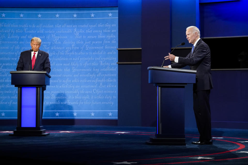 President Donald J. Trump and Democratic presidential candidate Joe Biden participate in the final Presidential debate on the campus of Belmont University on Thursday, Oct 22, 2020 in Nashville, TN. (Jabin Botsford/The Washington Post via Getty Images)