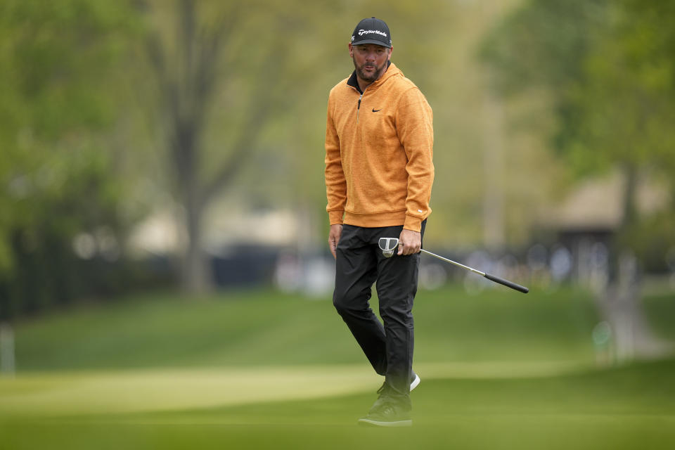 Michael Block reacts after missing a putt on the eighth hole during the second round of the PGA Championship golf tournament at Oak Hill Country Club on Friday, May 19, 2023, in Pittsford, N.Y. (AP Photo/Eric Gay)