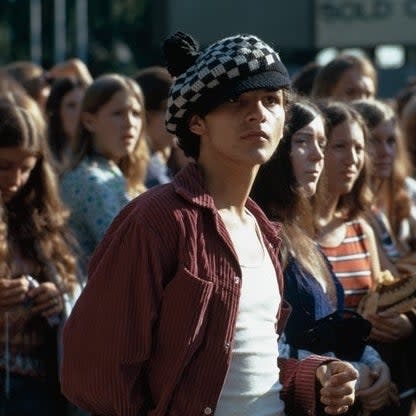 A young man in a corduroy jacket and checked woollen cap, in a group of teenage girls, New York, August 1972