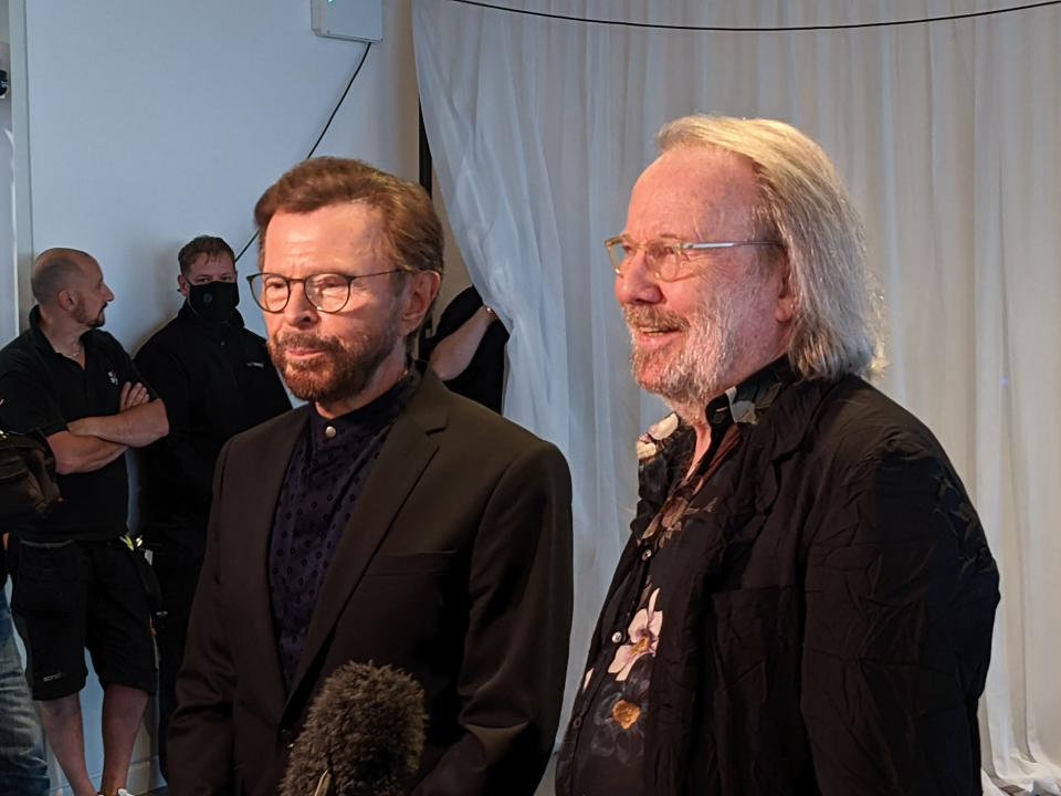 Björn Ulvaeus and Benny Andersson during a press conference as they announce the plan to release new music.