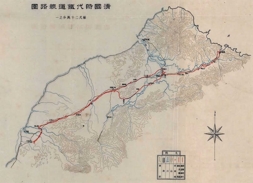 日據時期繪製的清朝劉銘傳鐵路路線圖，大部分路線經過日本殖民政府改良和變更。（圖／翻攝自網路）