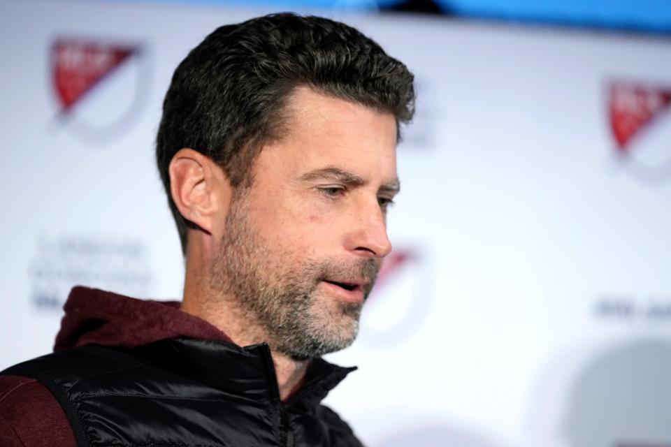 FC Cincinnati team manager Pat Noonan, delivers remarks after midfielder Luciano Acosta (not pictured) right was named Major League Soccer’s Most Valuable Player for the 2023 season, Monday, Nov. 27, 2023, at TQL Stadium in Cincinnati.